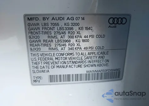 2015 Audi Q7 3.0 Tdi Premium из США, поврежденный, VIN WA1VMAFE0FD004662
